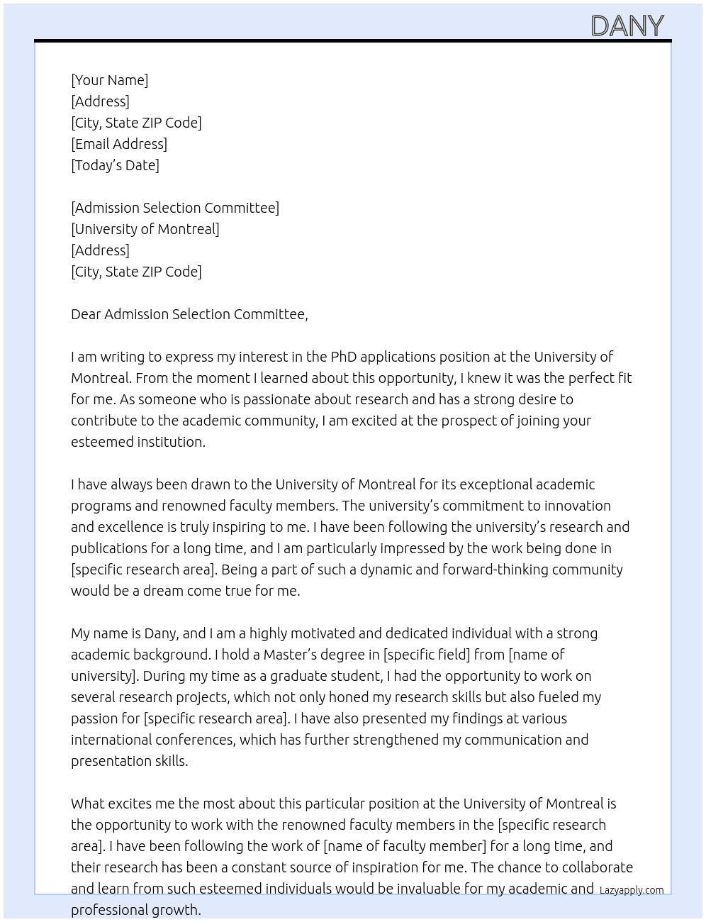 PhD applications  At University of Montreal Cover Letter