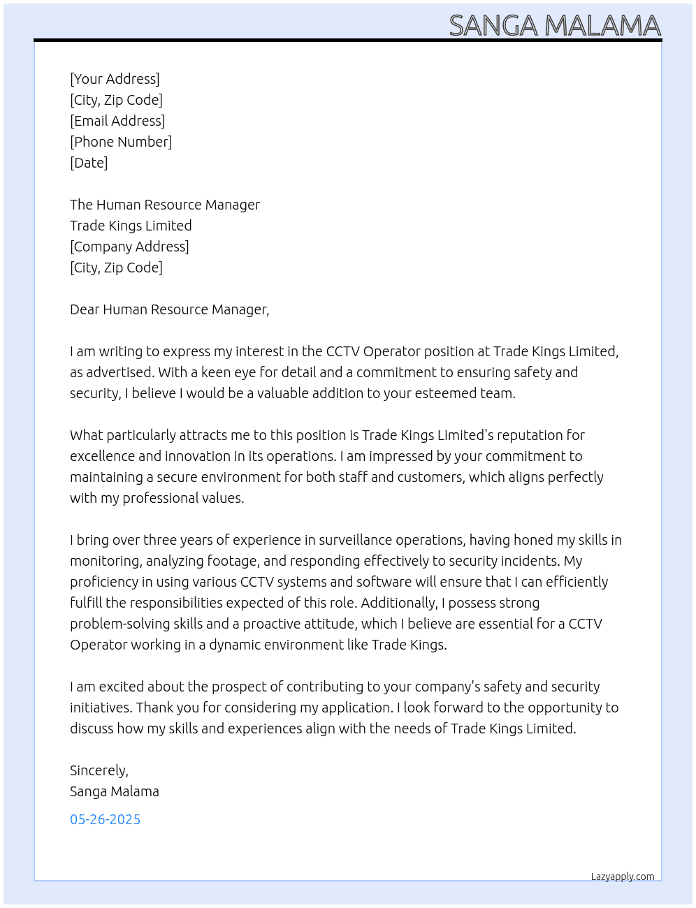 CCTV Operator At Trade Kings Limited Cover Letter