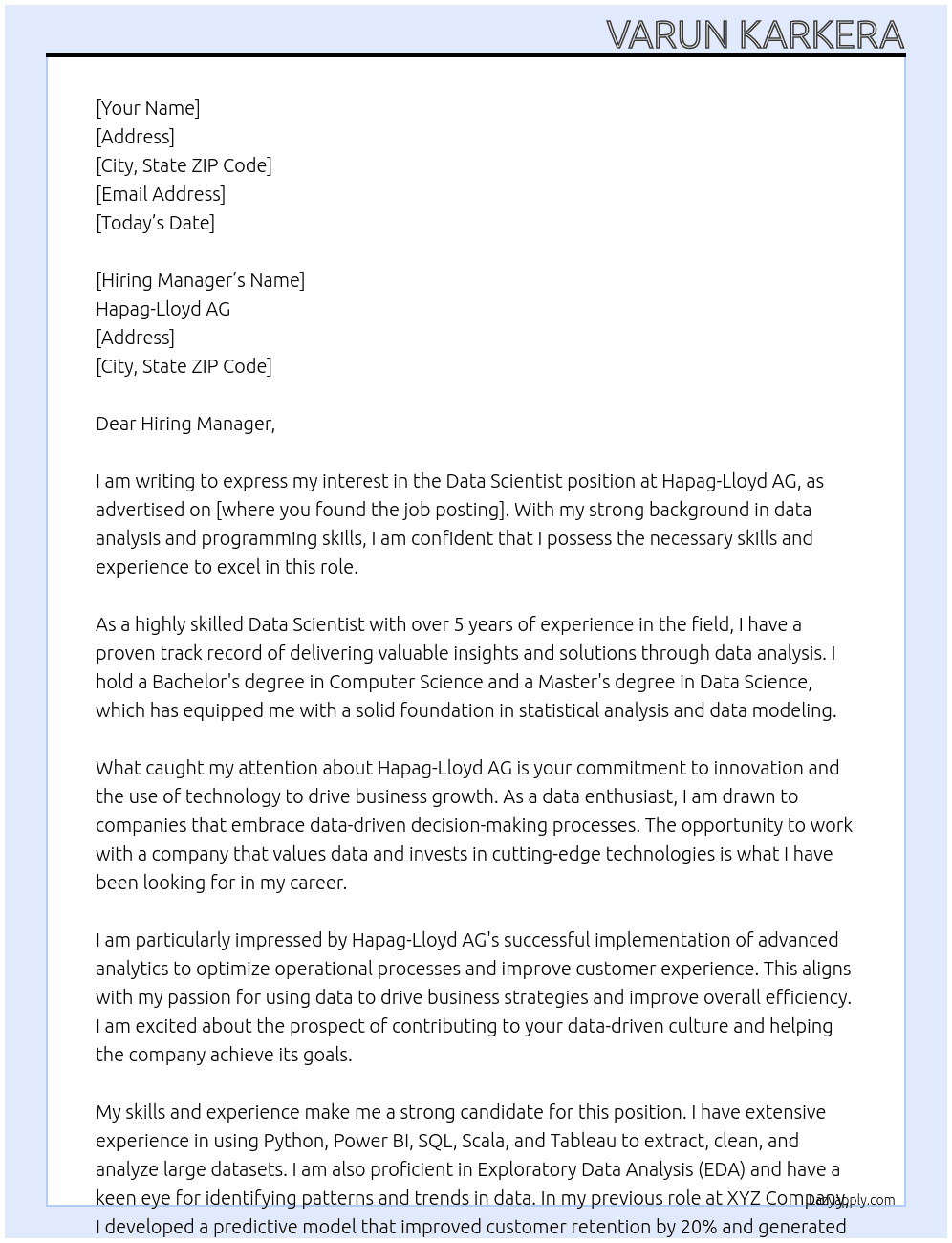 Data Scientist At Hapag-Lloyd AG Cover Letter