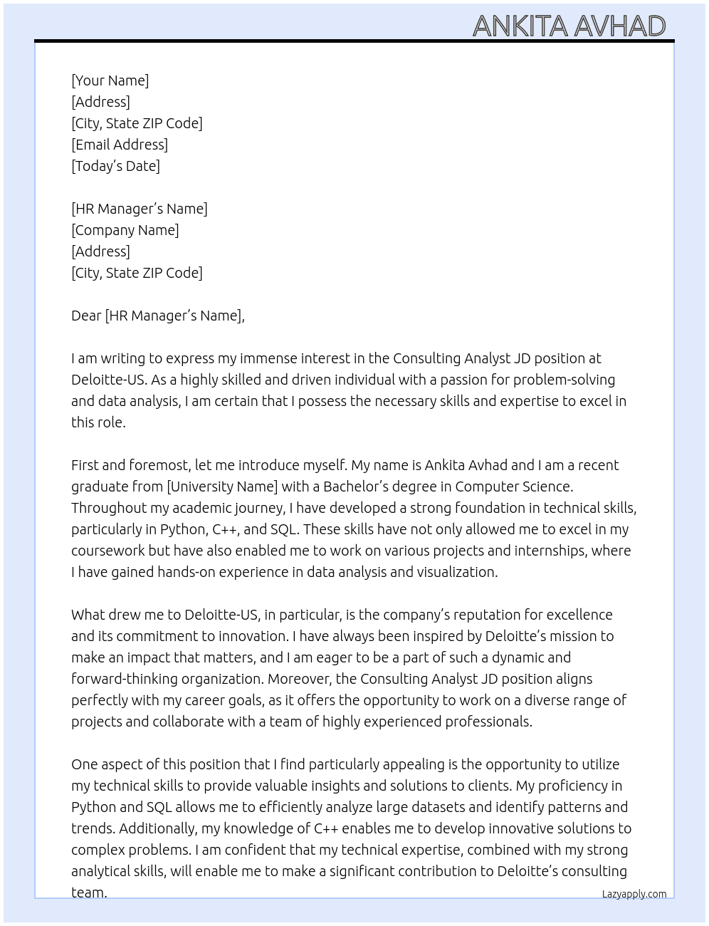 Consulting Analyst JD At Deloitte-US Cover Letter
