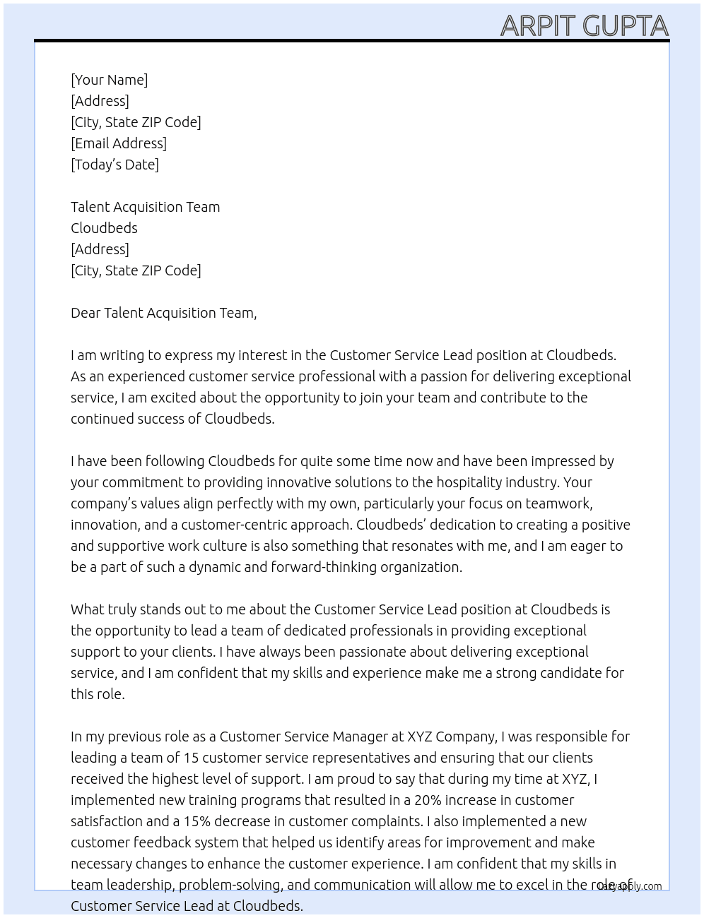 Customer Service lead At Cloudbeds Cover Letter