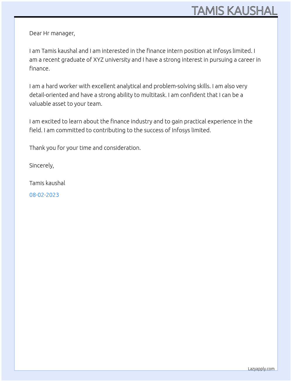 Finance intern At Infosys limited Cover Letter
