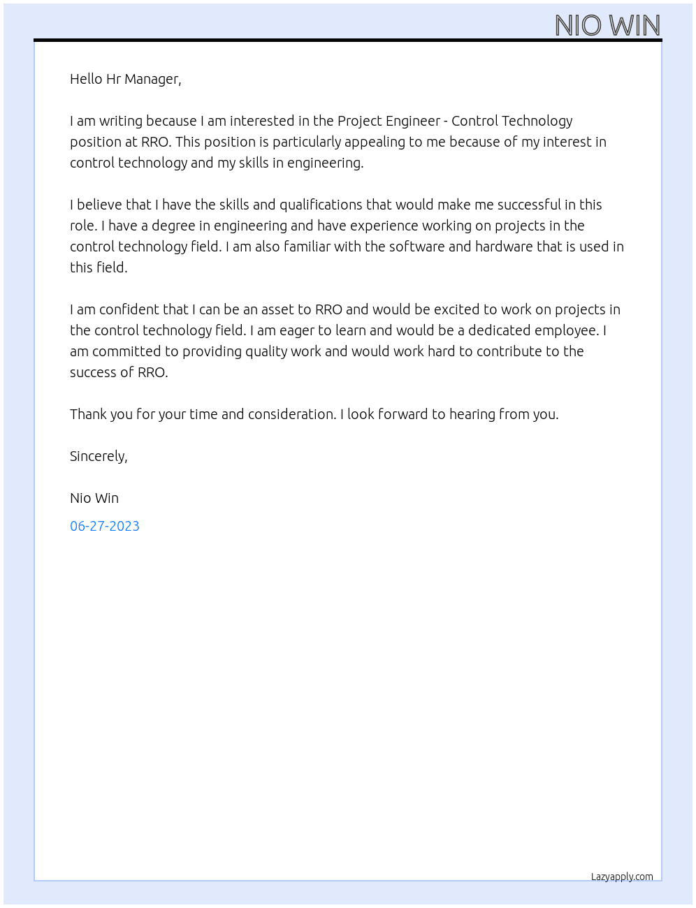 Project Engineer - Control Technology At RRO Cover Letter