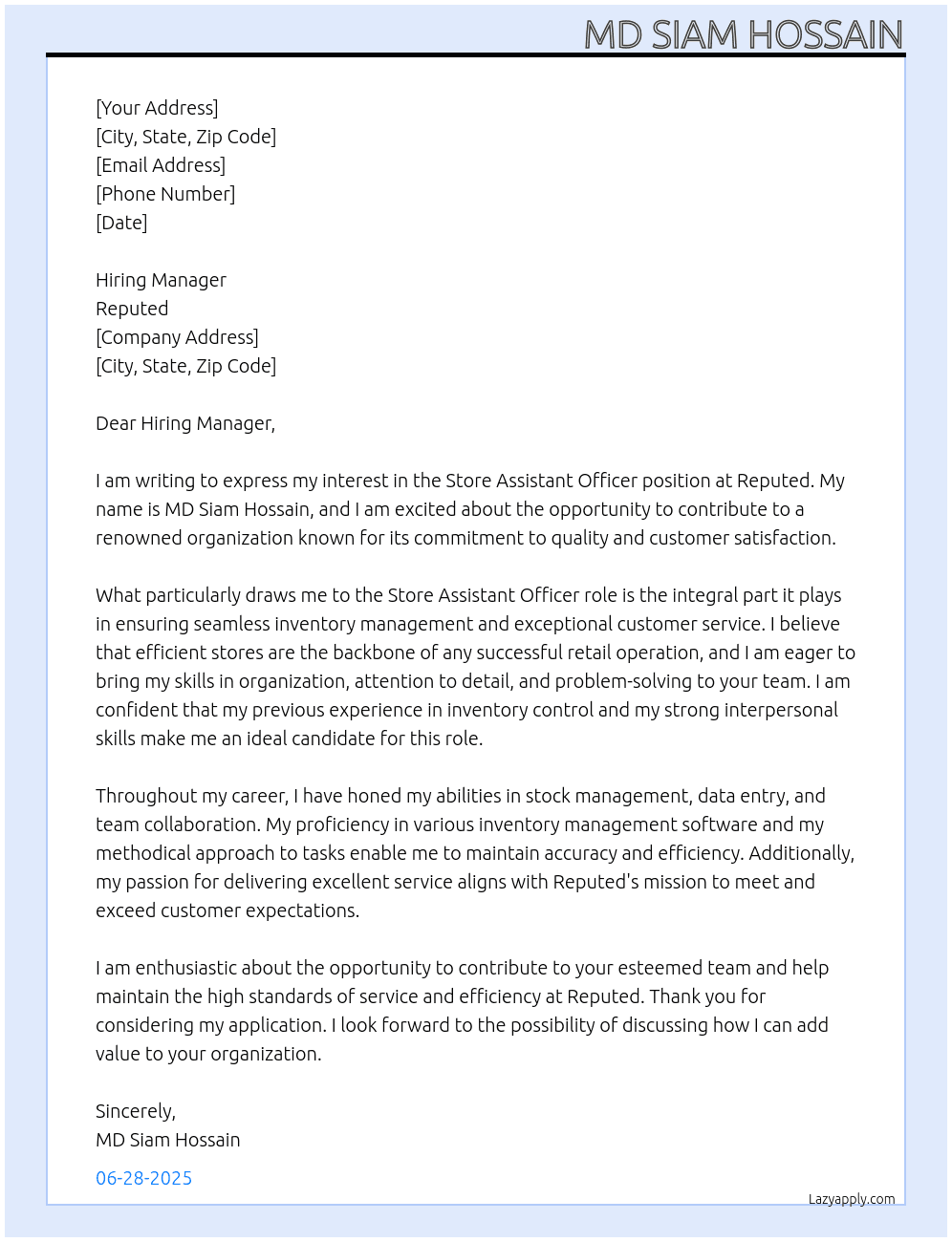 Store asst. officer At reputed Cover Letter