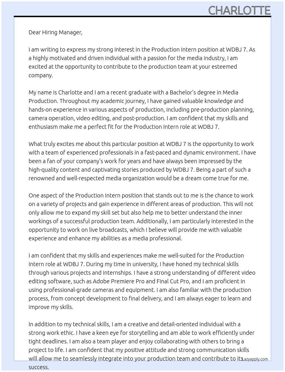 Production Intern At WDBJ 7 Cover Letter