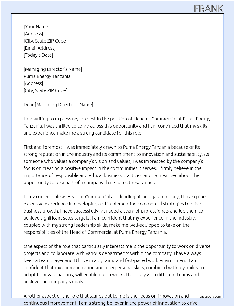 Head of Commercial  At Puma Energy Tanzania Cover Letter