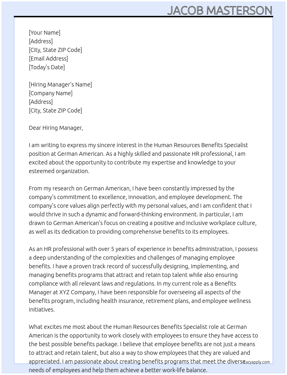 Human Resources Benefits Specialist At German American Cover Letter