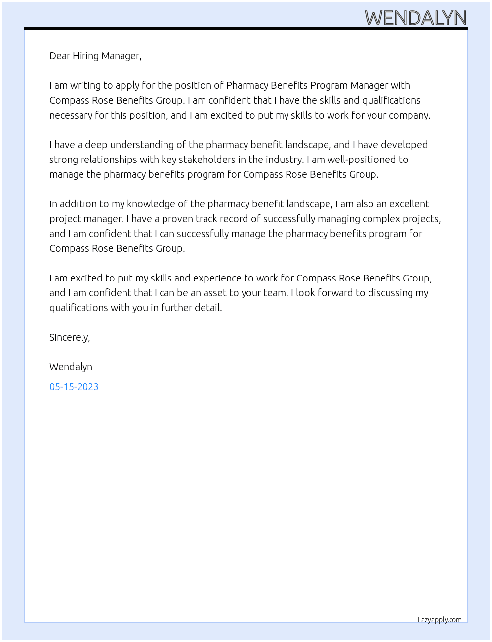 Pharmacy Benefits Program Manager At Compass Rose Benefits Group Cover Letter