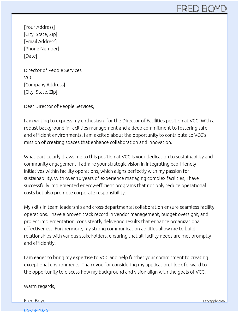 Director of Facilities At VCC Cover Letter