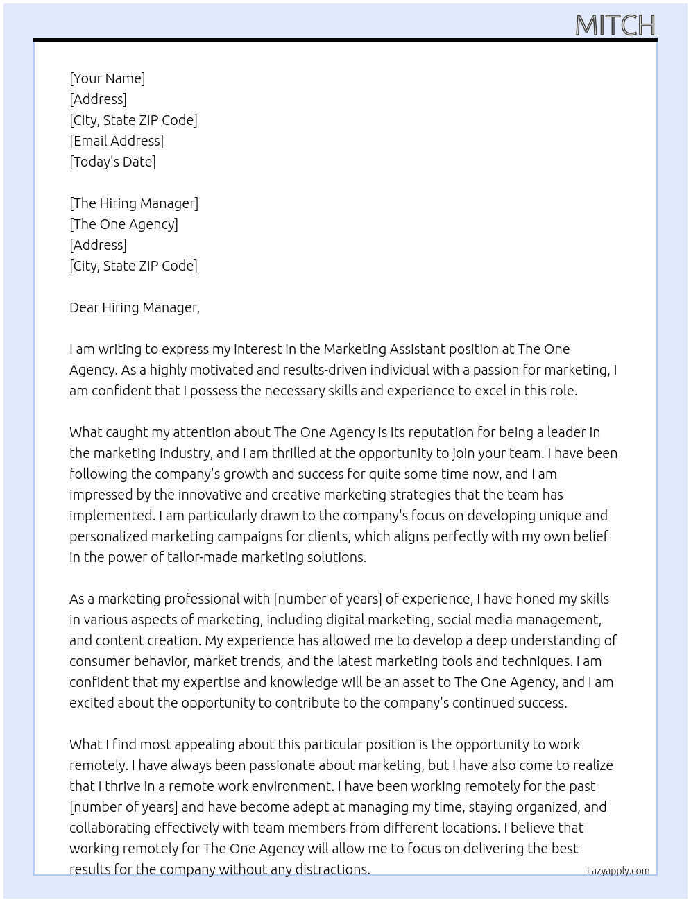 Marketing Assistant At The One Agency Cover Letter