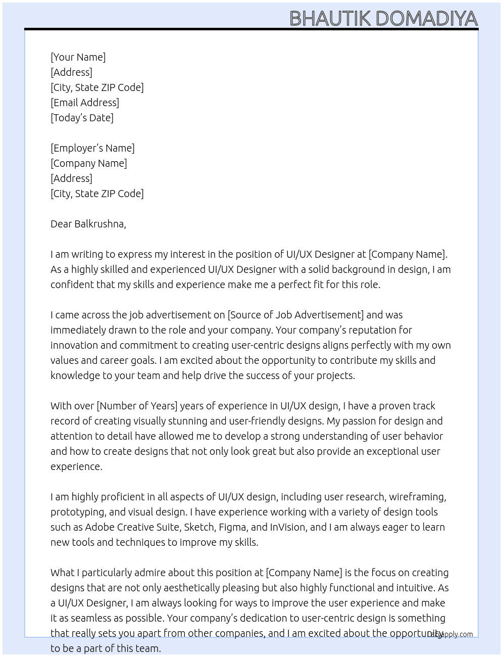 UI/UX Designer  At not mentioned Cover Letter