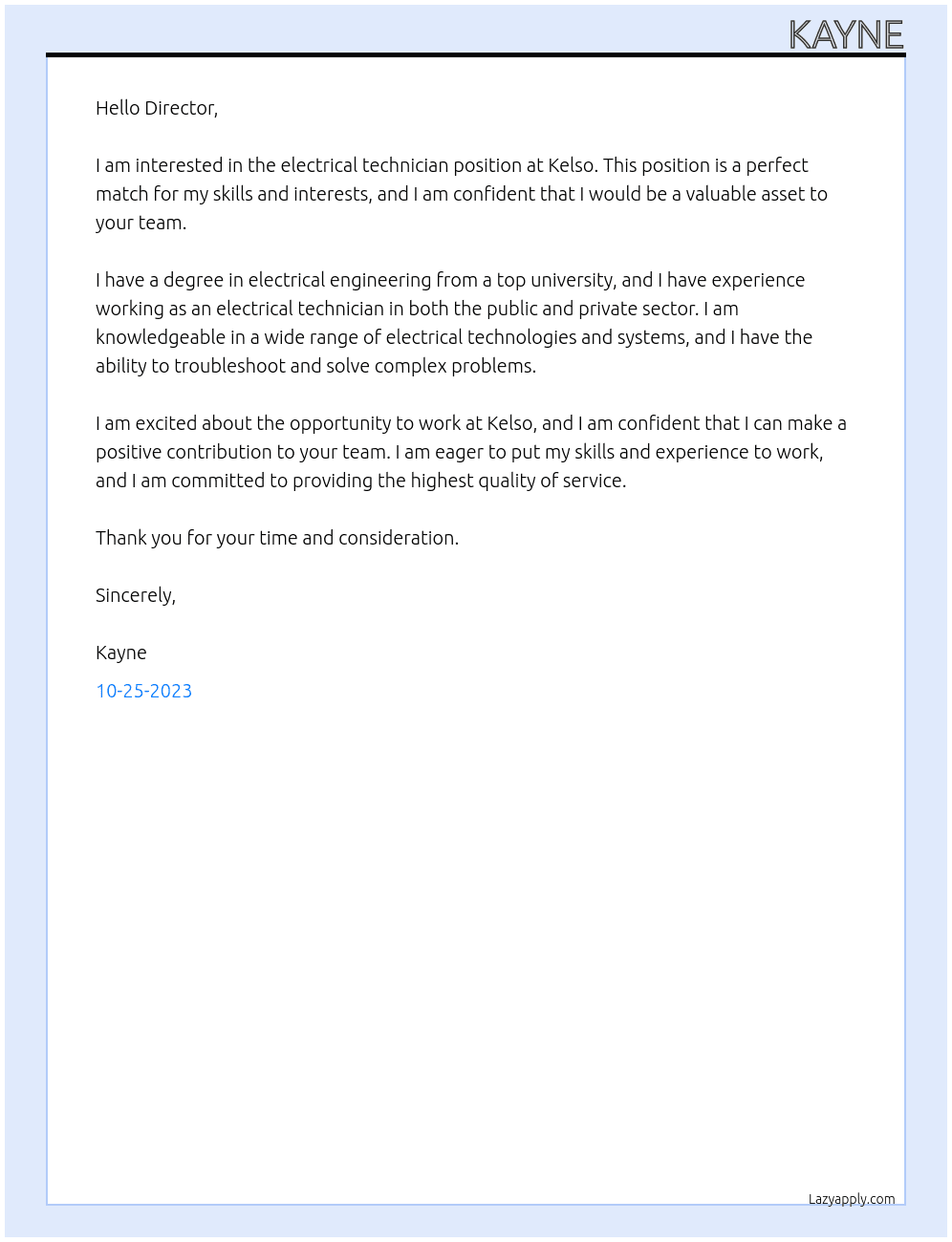 Electrical Technician At Kelso Cover Letter