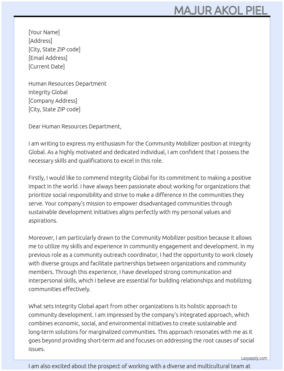 Community Mobilizer  At Integrity Global  Cover Letter