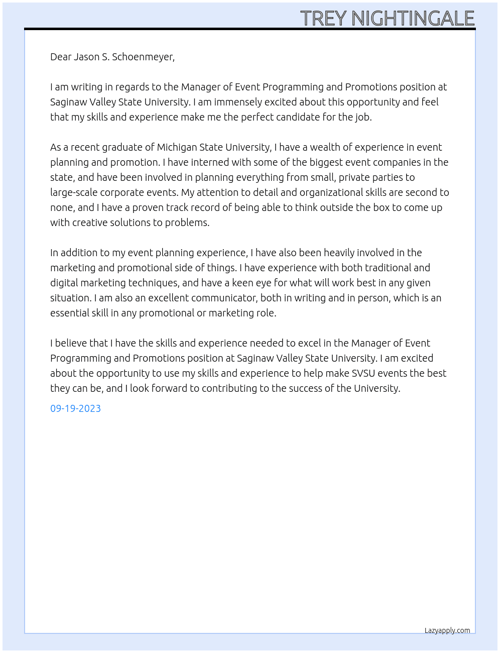  Manager of Event Programming and Promotions At Saginaw Valley State Univeristy Cover Letter