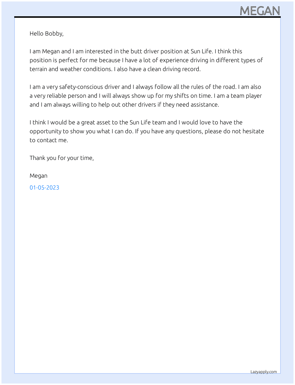 Cover letter for butt driver - LazyApply