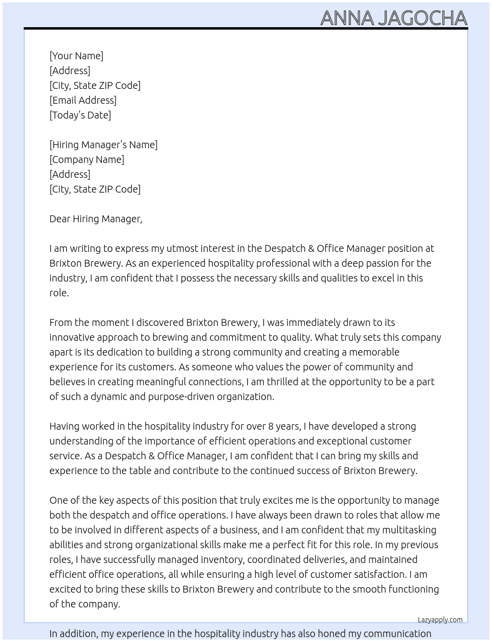 Despatch & Office Manager At Brixton Brewery Cover Letter