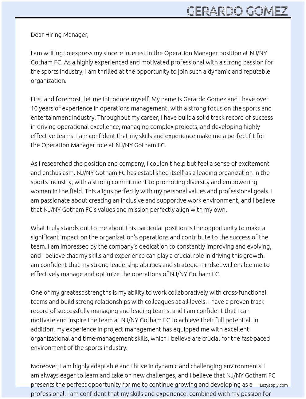 Operation Manager  At NJ/NY Gotham FC Cover Letter