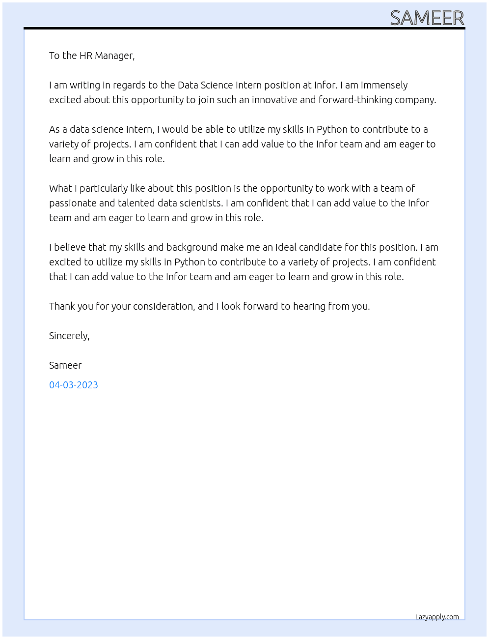 data sciece inter At infor Cover Letter