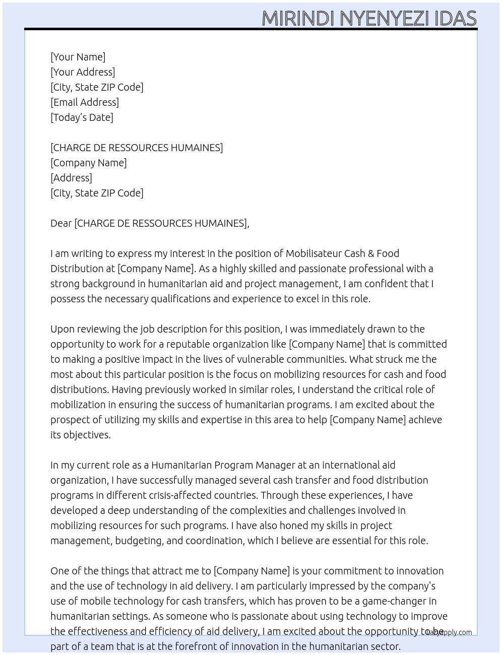 Mobilisateur Cash & Food Distribution At PIN Cover Letter