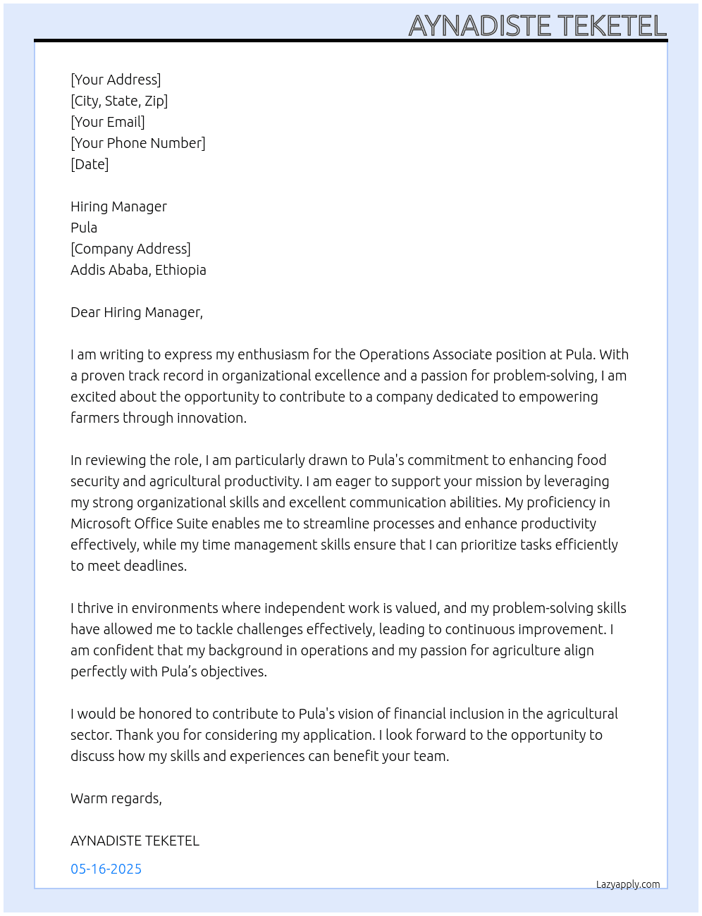 Operation Association  At Pula Cover Letter