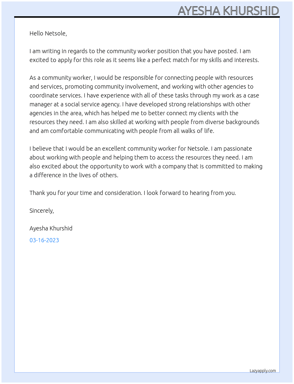 Community worker At Netsole Cover Letter