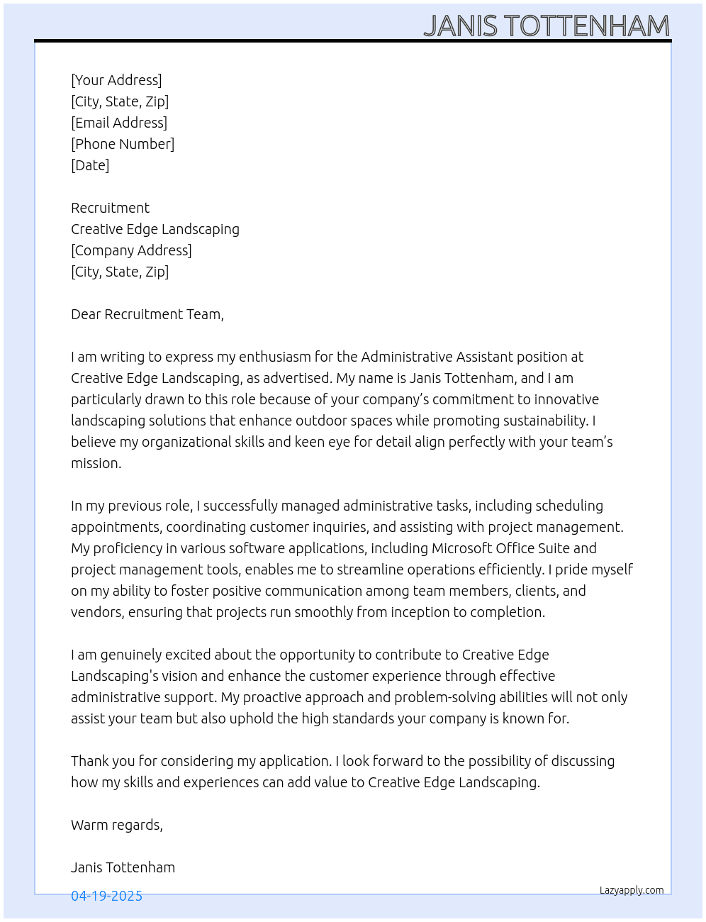 administrative assistant At Creative edge landscaping Cover Letter