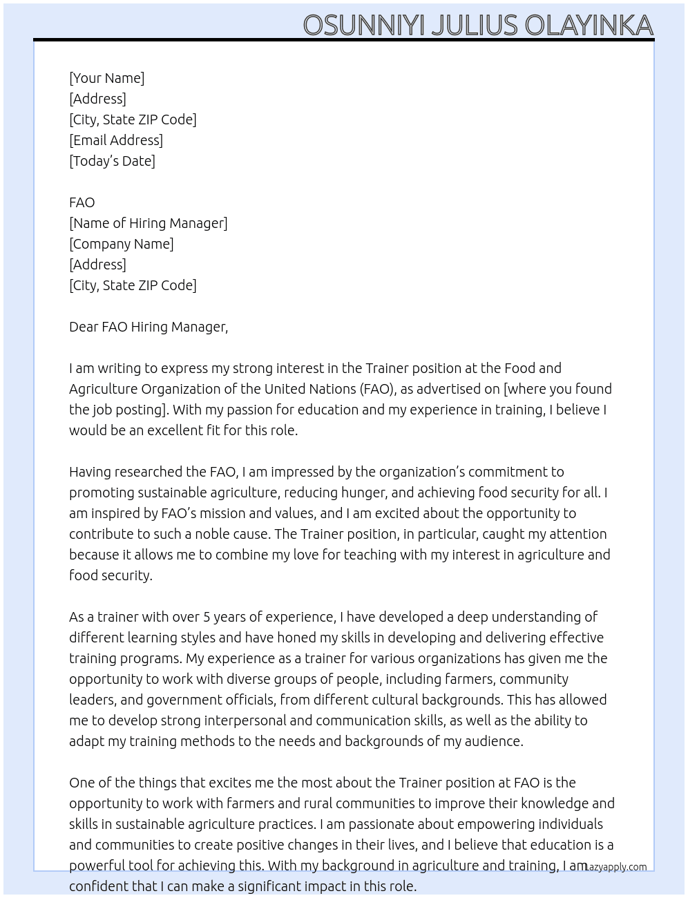 Trainer At Food and Agriculture Organization of the United Nations Cover Letter