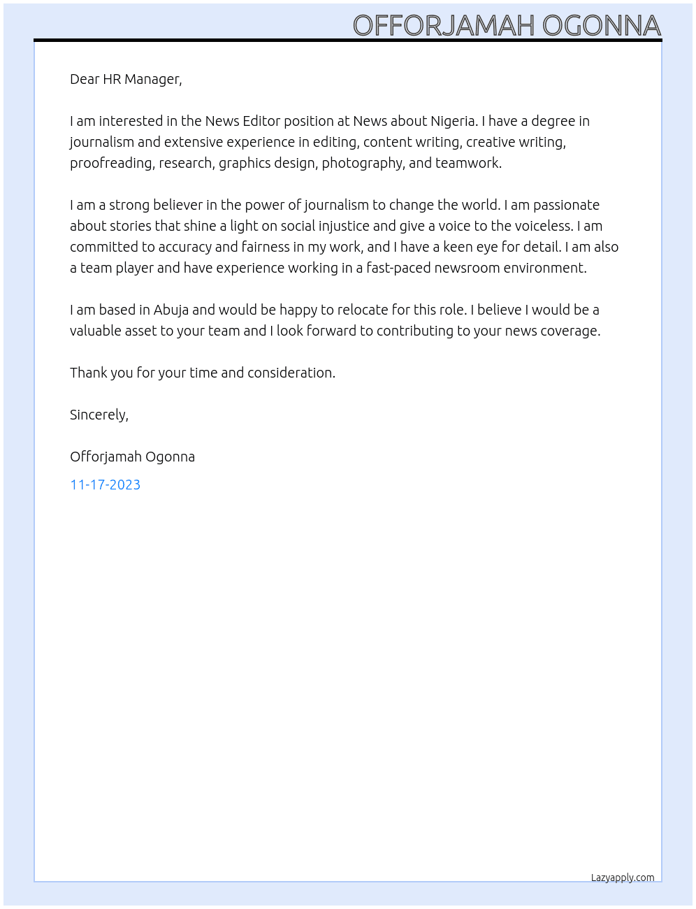 News Editor At News about Nigeria Cover Letter