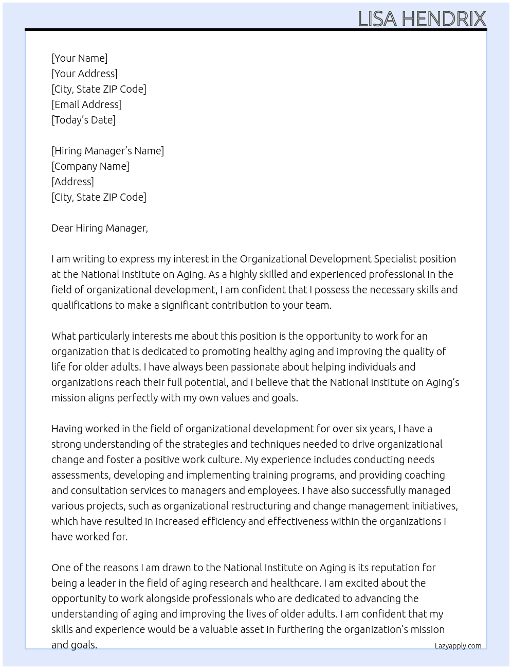 Organizational Development Specialist At National Institute on Aging Cover Letter