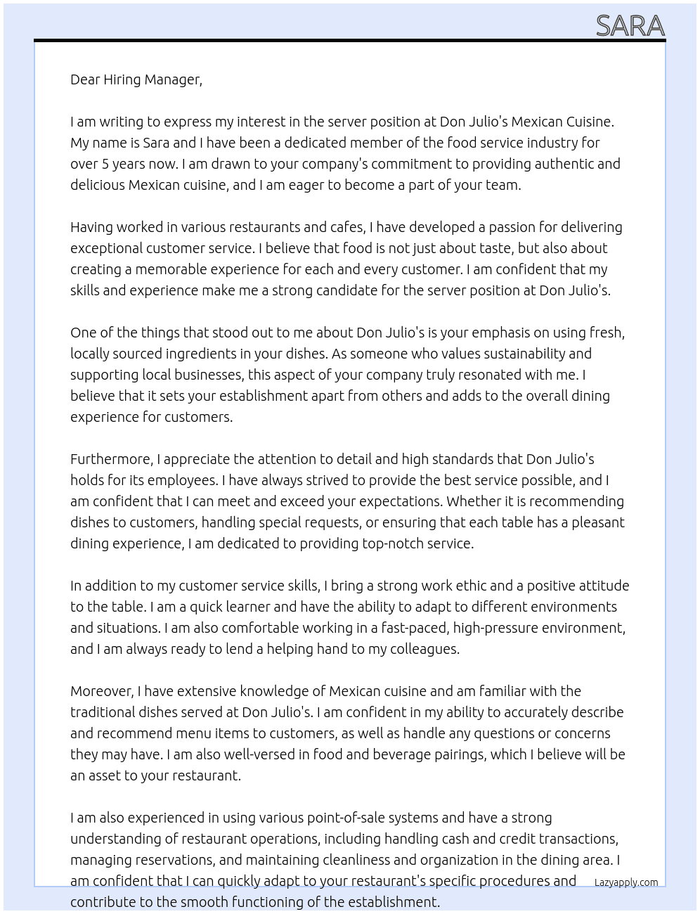 server At don julio's mexican cuisine Cover Letter