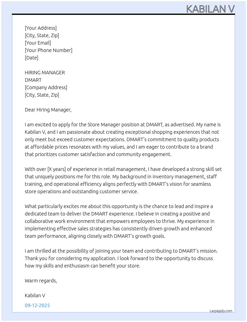 STORR MANAGER At DMART Cover Letter