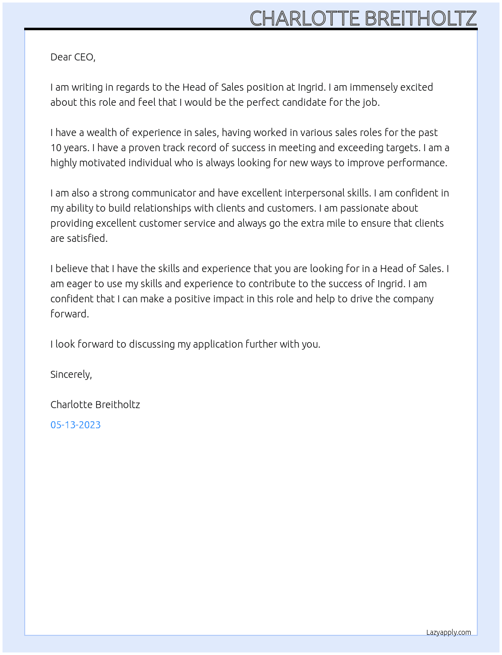 Head of sales  At Ingrid  Cover Letter