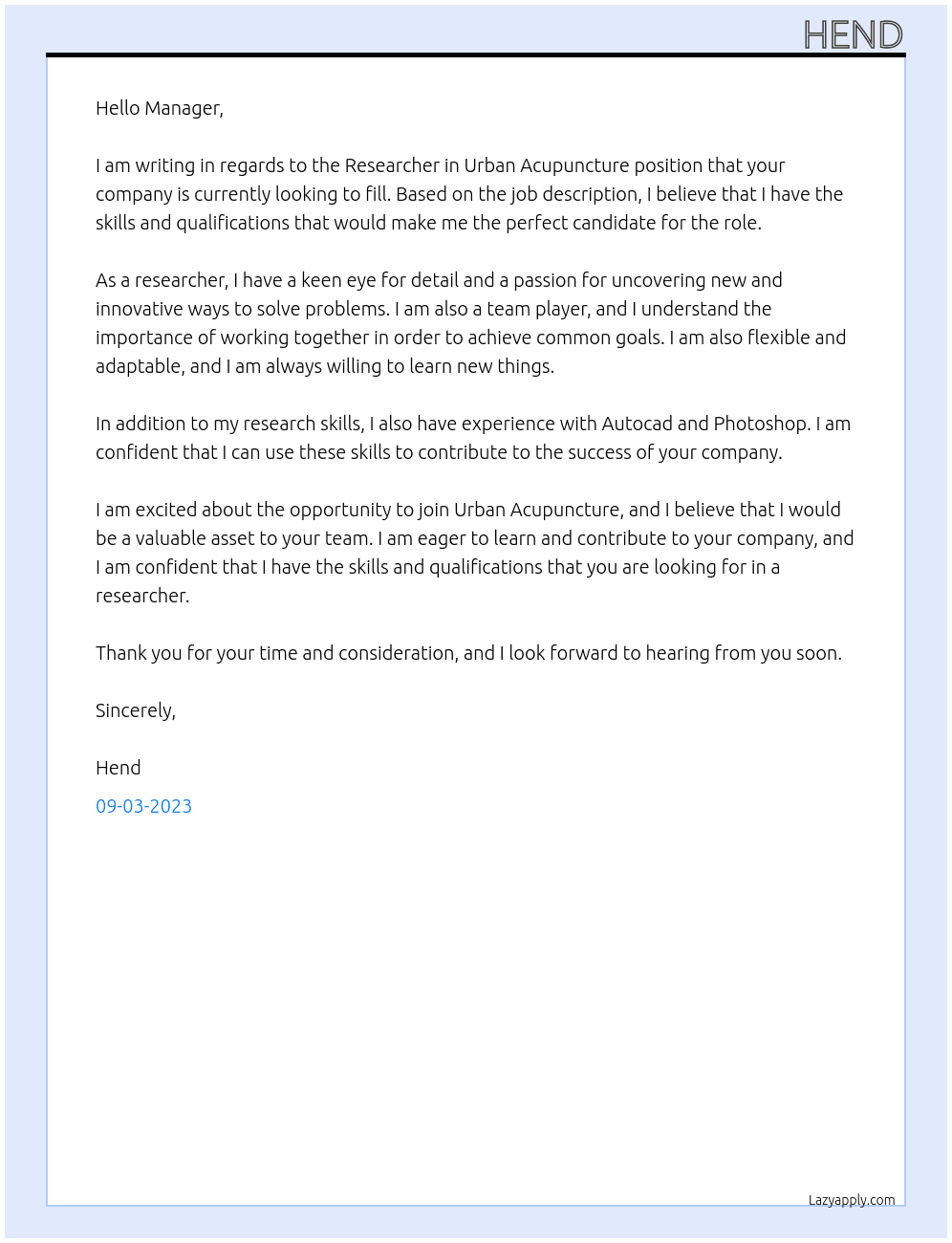 Researcher in Urban Acupuncture At Urban Acupuncture Cover Letter