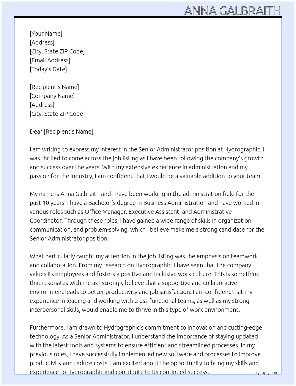 senior administrator At hydrographic  Cover Letter