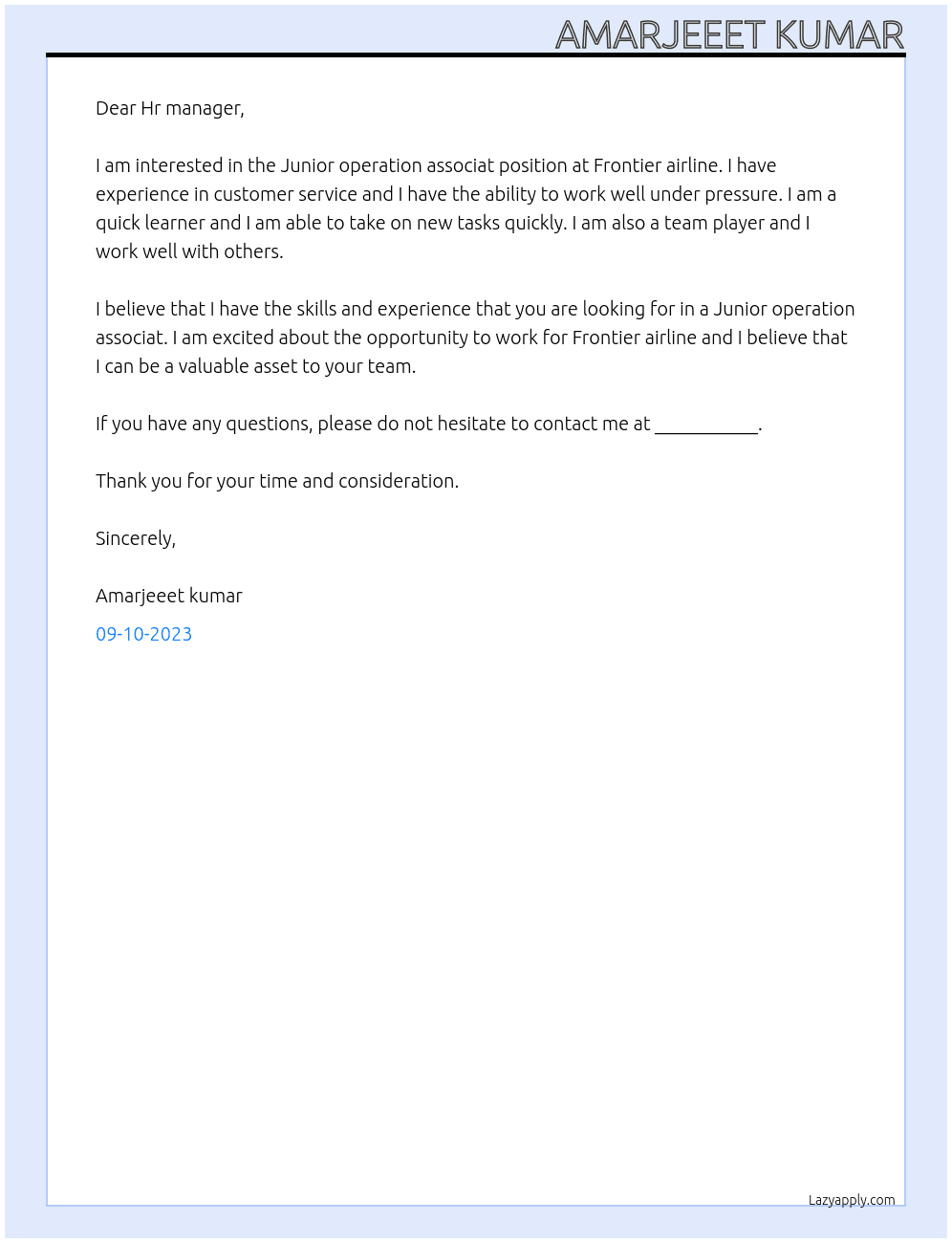 Junior operation associat At Frontier airline Cover Letter