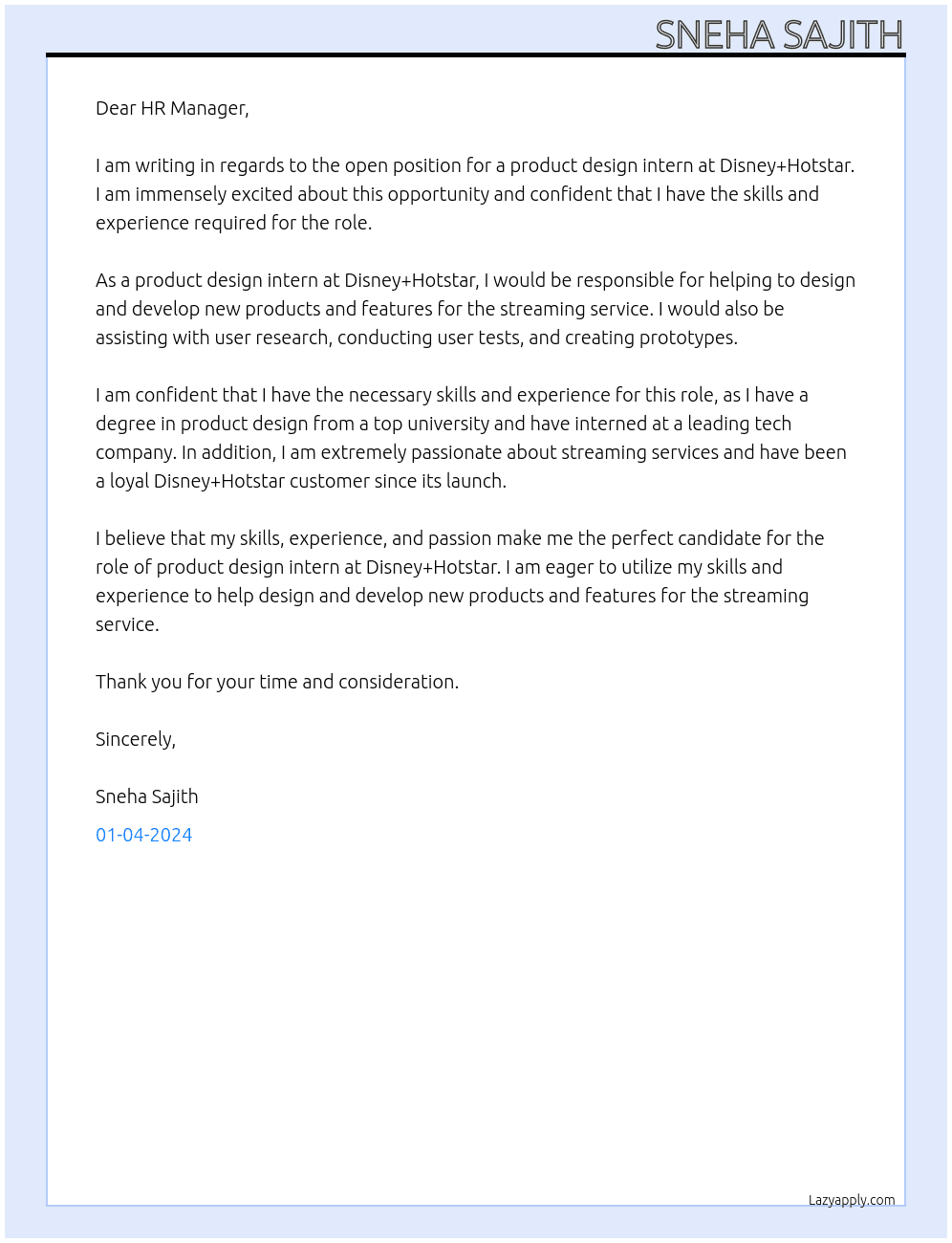 product design intern At Disney+Hotstar Cover Letter