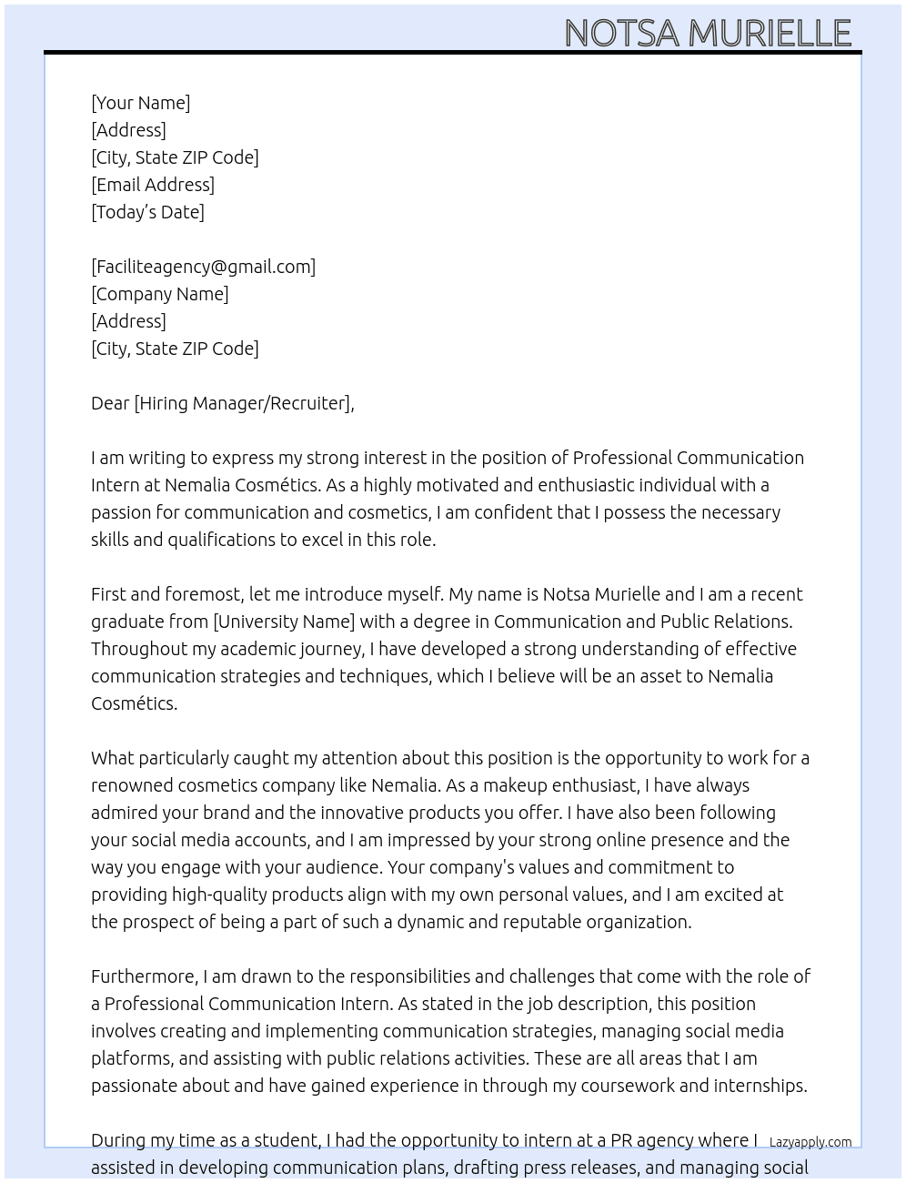 Professional communication intern At Nemalia cosmétics Cover Letter