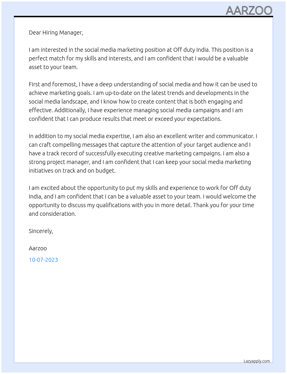 Social media marketing  At Off duty India  Cover Letter