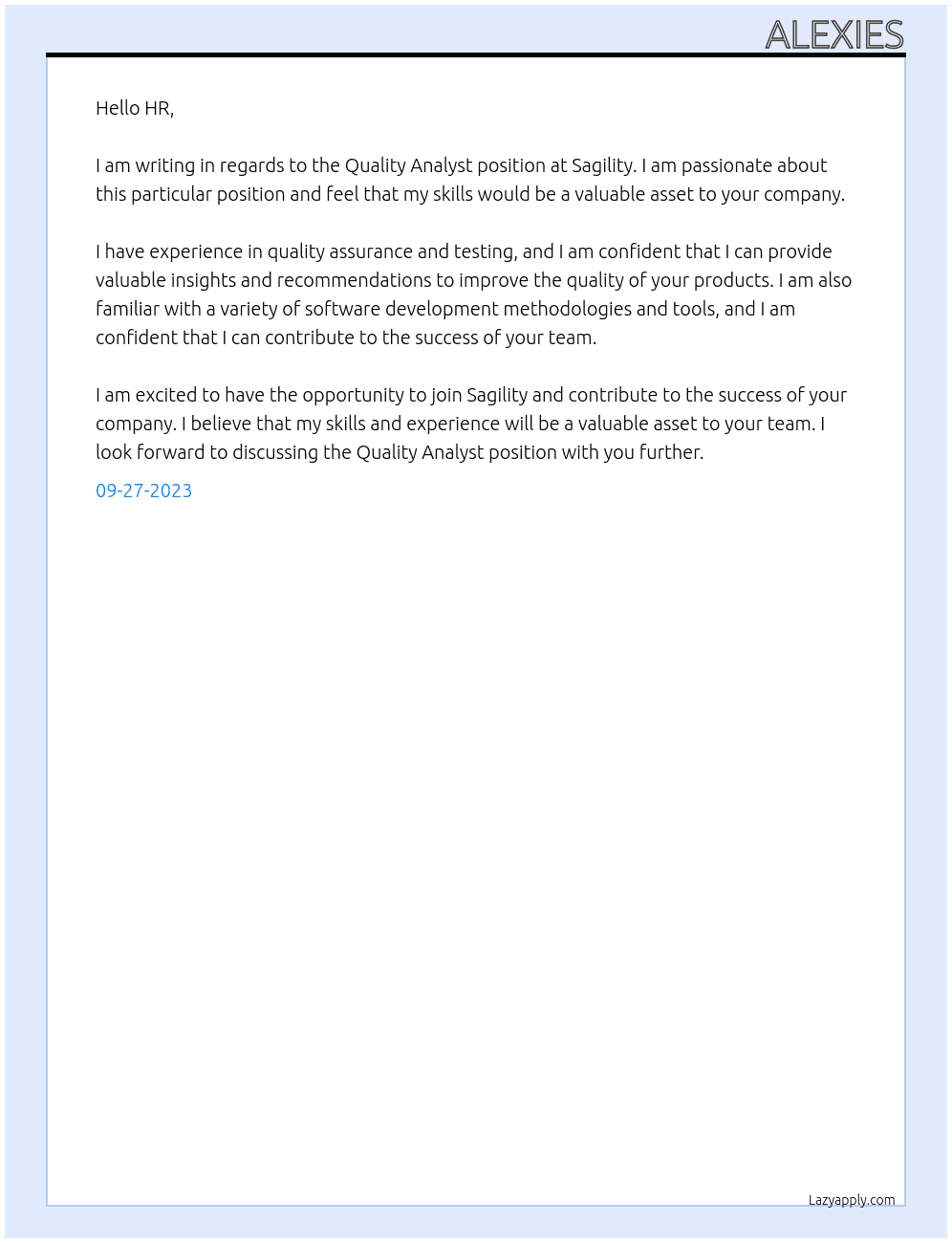 Quality Analyst At Sagility Cover Letter
