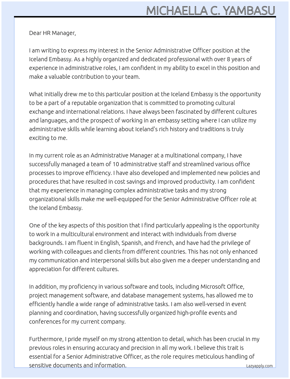 Senior Administrative officer At Iceland Embassy Cover Letter