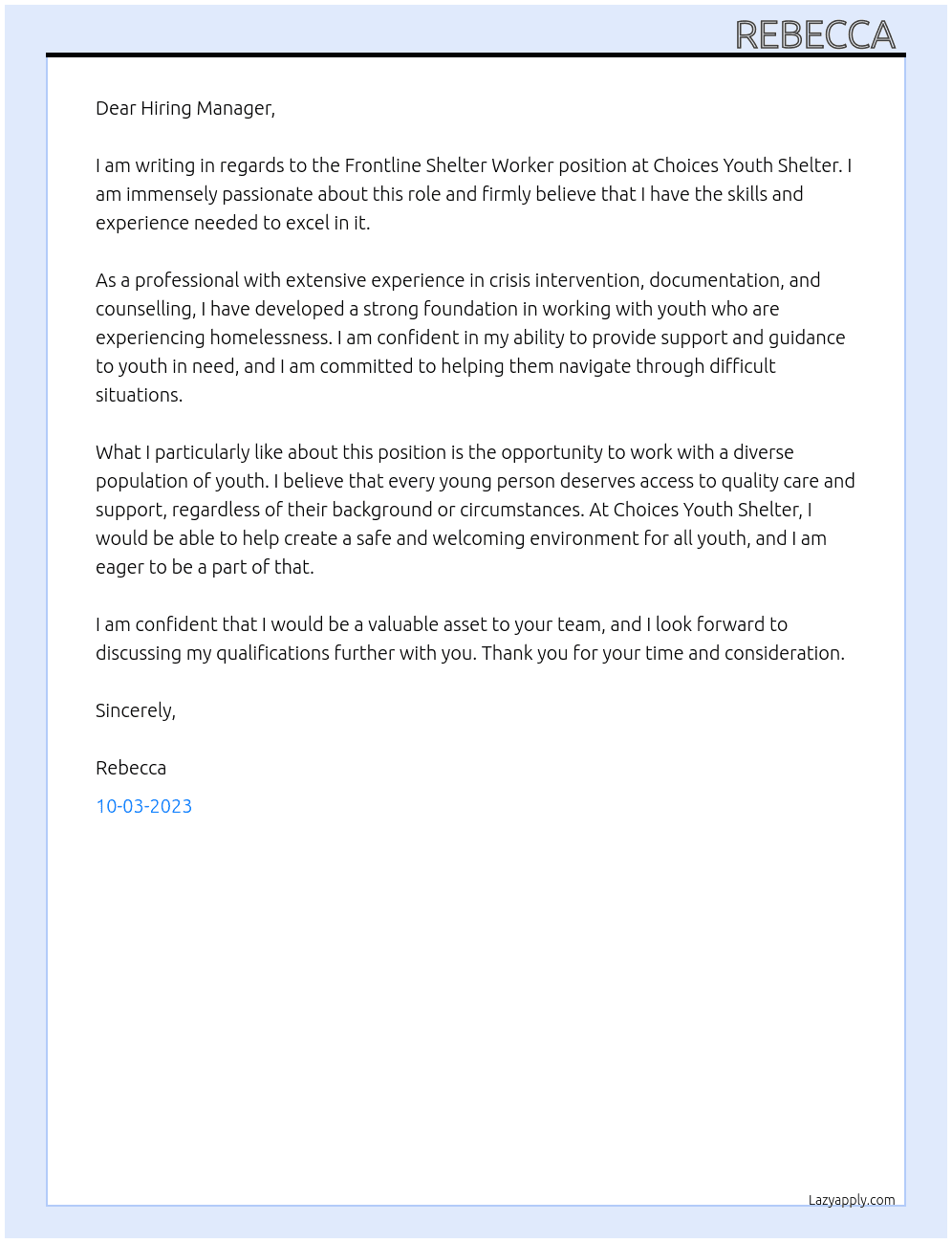 Frontline Shelter Worker At Choices Youth Shelter  Cover Letter