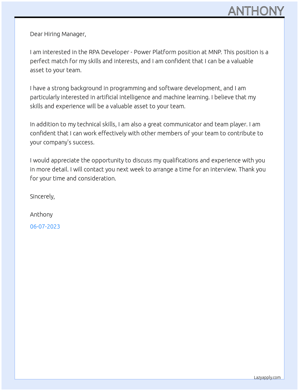 RPA Developer - Power Platform At MNP Cover Letter