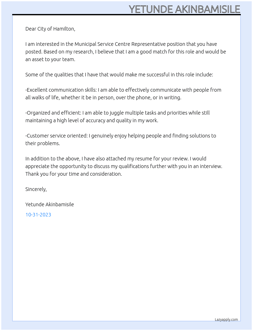 Municipal Service Centre Representative At City of Hamilton Cover Letter