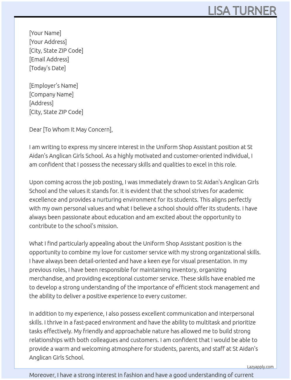 Uniform Shop Assistant At St Aidan's Anglican Girls School  Cover Letter