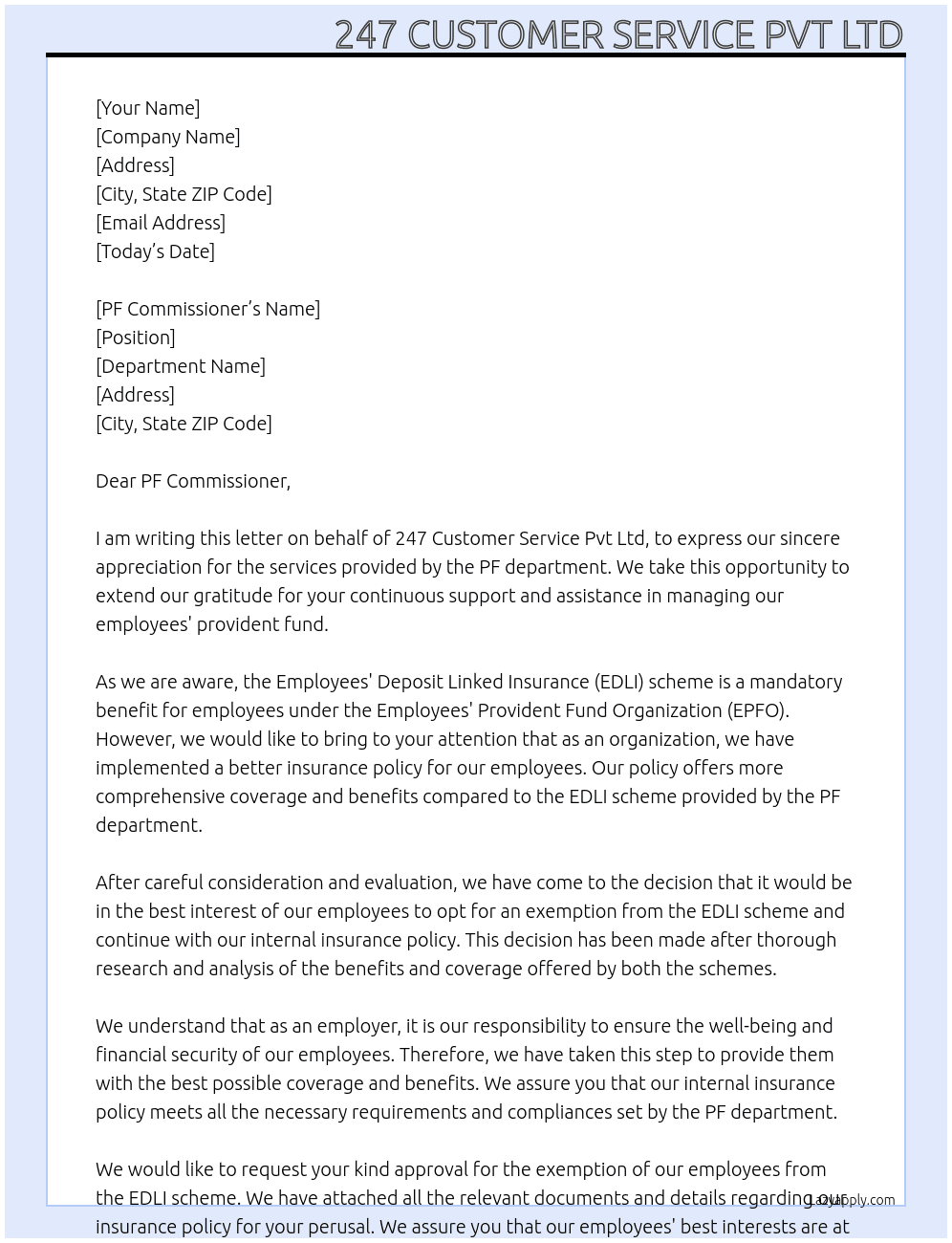 COncern letter from Employer to PF department employee is agree for the EDLI Exemption from pf department as we having better policy At PF department Cover Letter