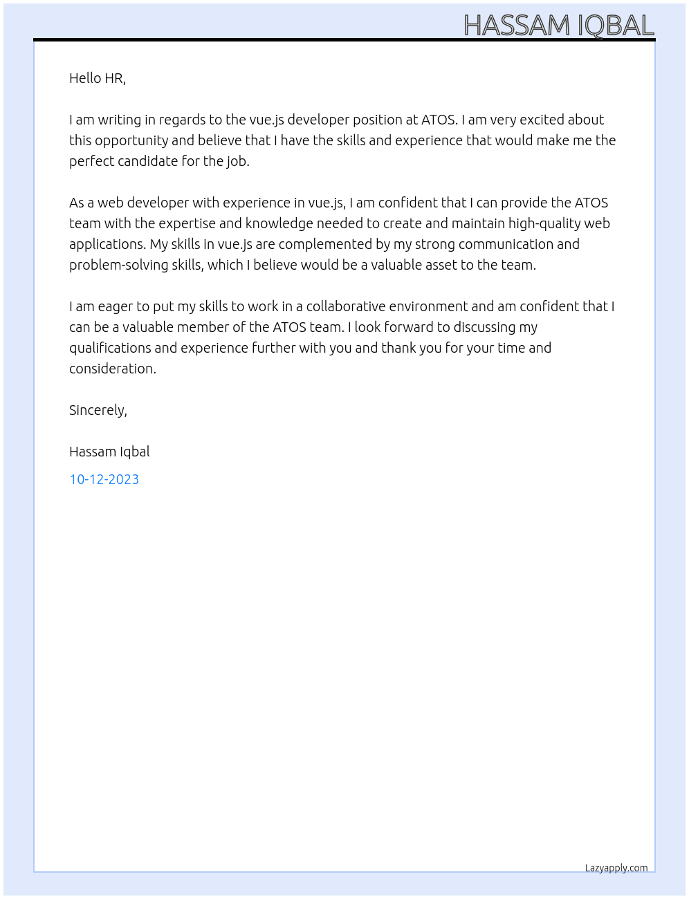 vue.js developer At any Cover Letter