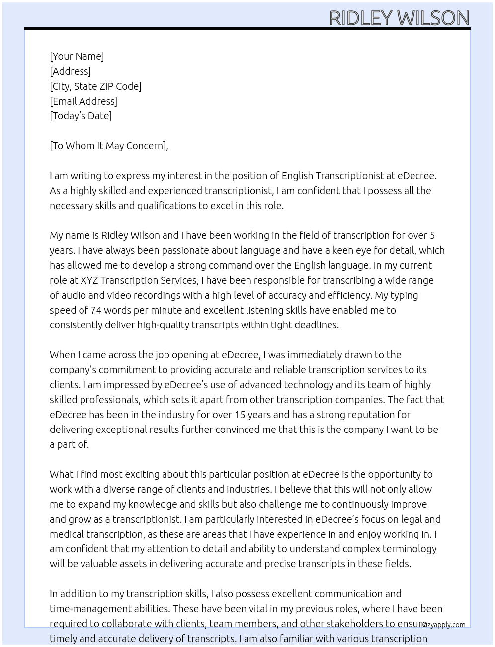 English Transcriptonist At eDecree Cover Letter