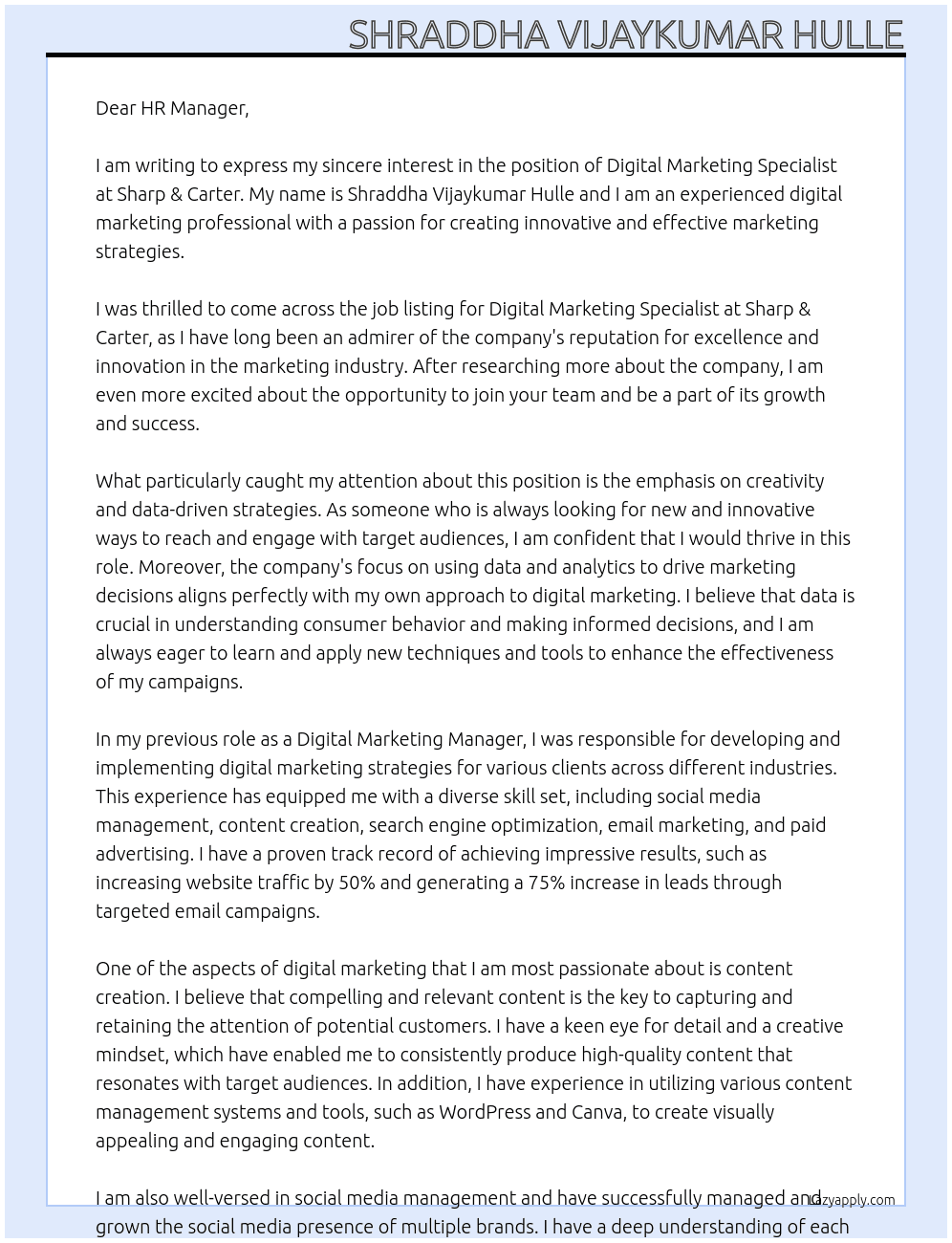 Digital Marketing Specialist At Sharp & Carter Cover Letter