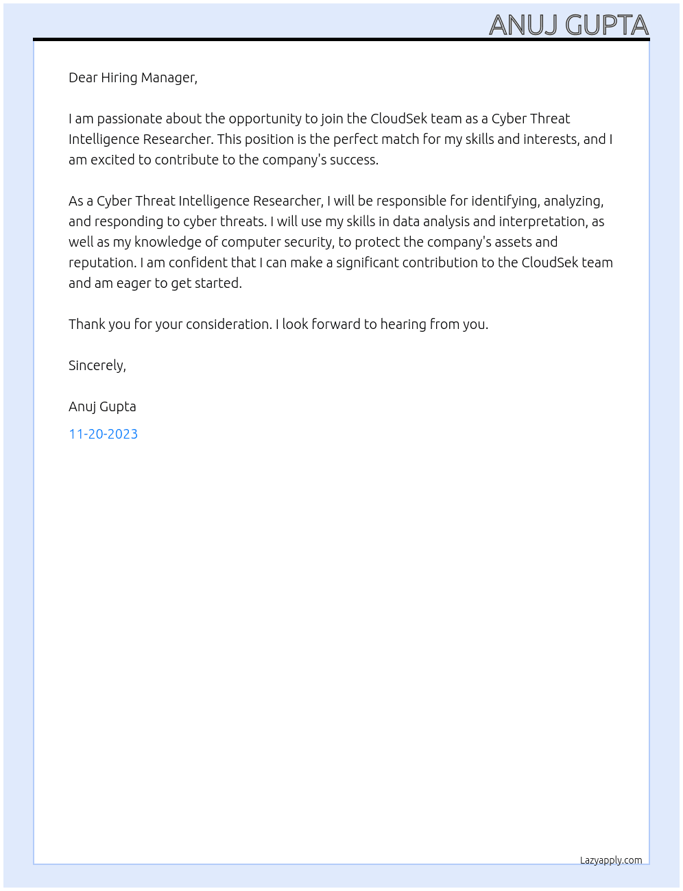 Cyber Threat Intelligence Researcher At CloudSek Cover Letter