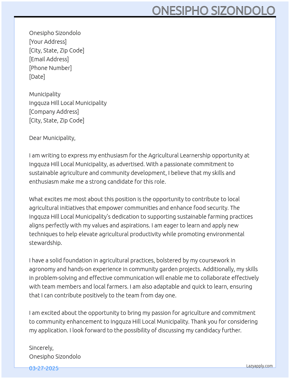 Cover letter for agricultural learnership - LazyApply